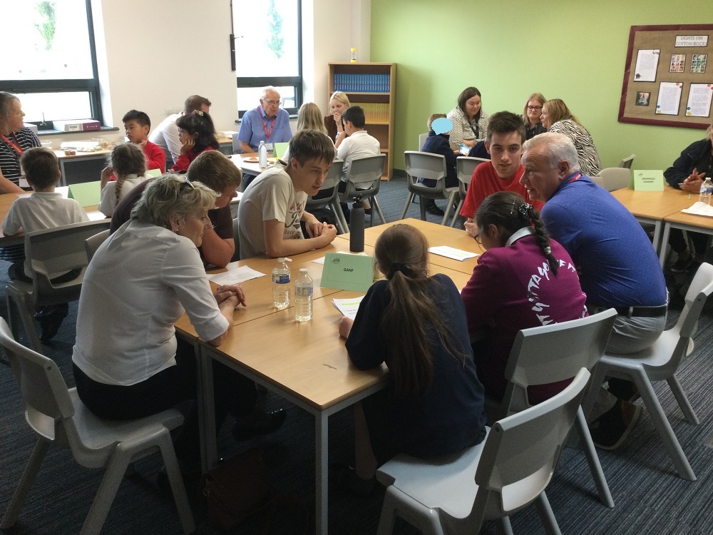 Pupils sitting with Trustees around a table asking questions