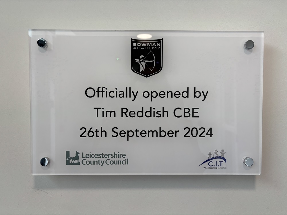 The plaque reads: Opened by Tim Reddish CBE on 26th September 2024